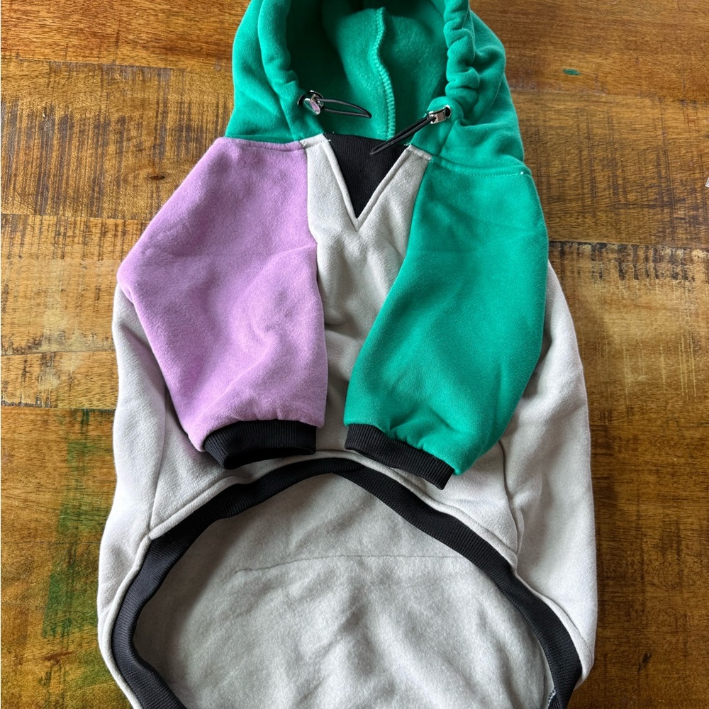 Small Dog Hooded Sweatshirt LG Green Purple‎ Pullover Hoodie colorblock New